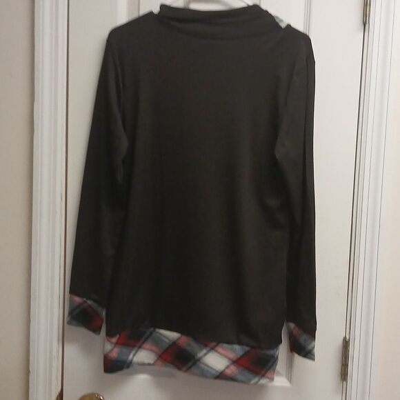 DRESSFO Plaid Trim Black Long Sleeve Top COWL NECK OR NOT! Size XL NWT - Picture 7 of 12